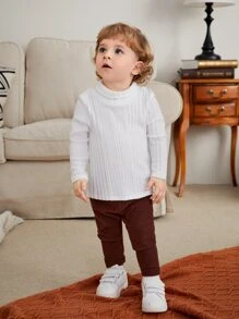 SHEIN White All-Match Soft Rib Knit Tops, Comfortable & Stretchy For Baby Boys/Girls, Suitable For Home & Outing, All Seasons