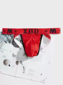 Ropa interior sexy tipo "jockstrap" para hombres con gráfico de letras - Rojo - Ver 1