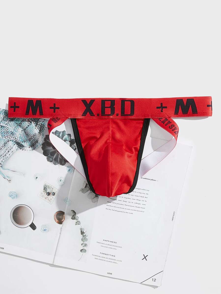 Ropa interior sexy tipo "jockstrap" para hombres con gráfico de letras - Rojo - Ver 1