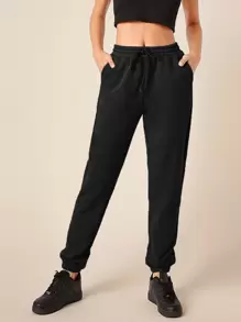 SHEIN BASICS Terry Fleece Drawstring Waist Solid Jogger Sweatpants - Black - View 5