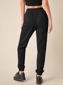 SHEIN BASICS Terry Fleece Drawstring Waist Solid Jogger Sweatpants - Black - View 2