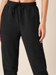 SHEIN BASICS Terry Fleece Drawstring Waist Solid Jogger Sweatpants - Black - View 6
