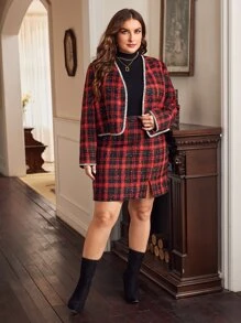SHEIN Privé Plus Plaid Print Contrast Tape Jacket & Skirt - Multicolor - View 1
