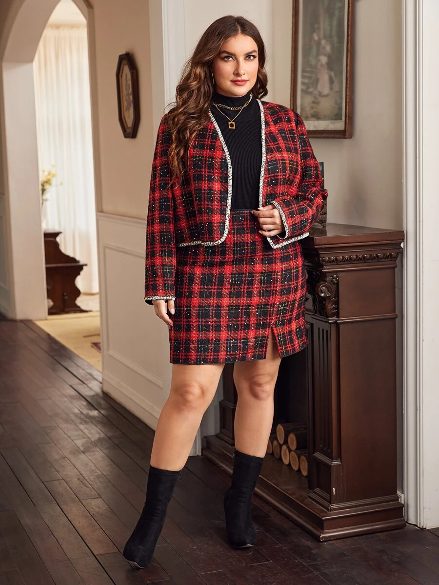 SHEIN Privé Plus Plaid Print Contrast Tape Jacket & Skirt - Multicolor - View 1
