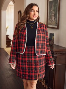 SHEIN Privé Plus Plaid Print Contrast Tape Jacket & Skirt - Multicolor - View 3