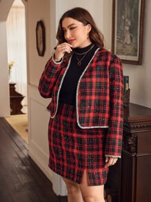 SHEIN Privé Plus Plaid Print Contrast Tape Jacket & Skirt - Multicolor - View 6