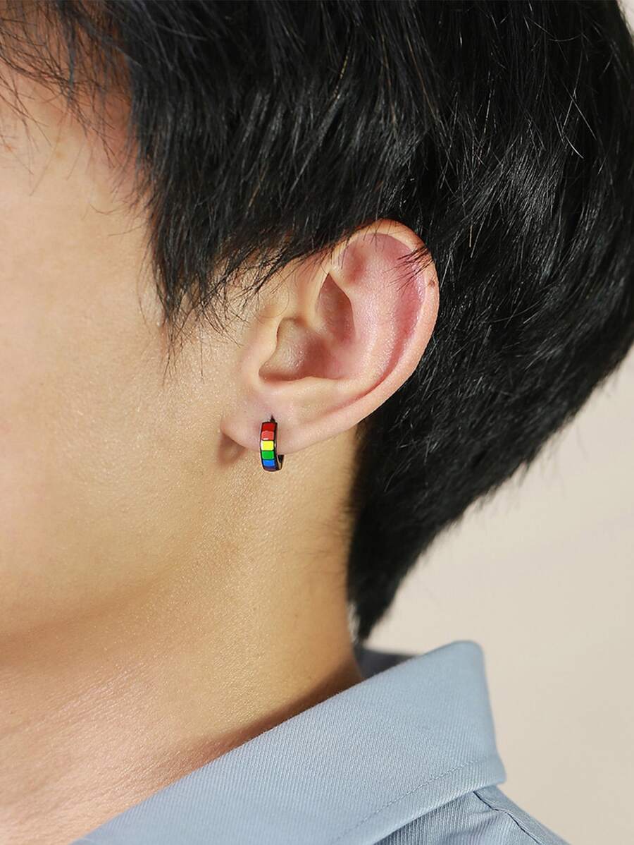 1 件男士彩虹不锈钢环形耳环，适合日常佩戴 - 彩色 - 查看 1