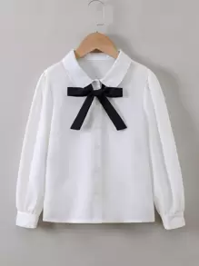 Tween Girl Tie Neck Puff Sleeve Shirt - White - View 1