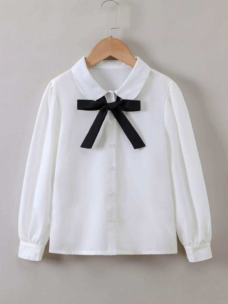 Tween Girl Tie Neck Puff Sleeve Shirt - White - View 1