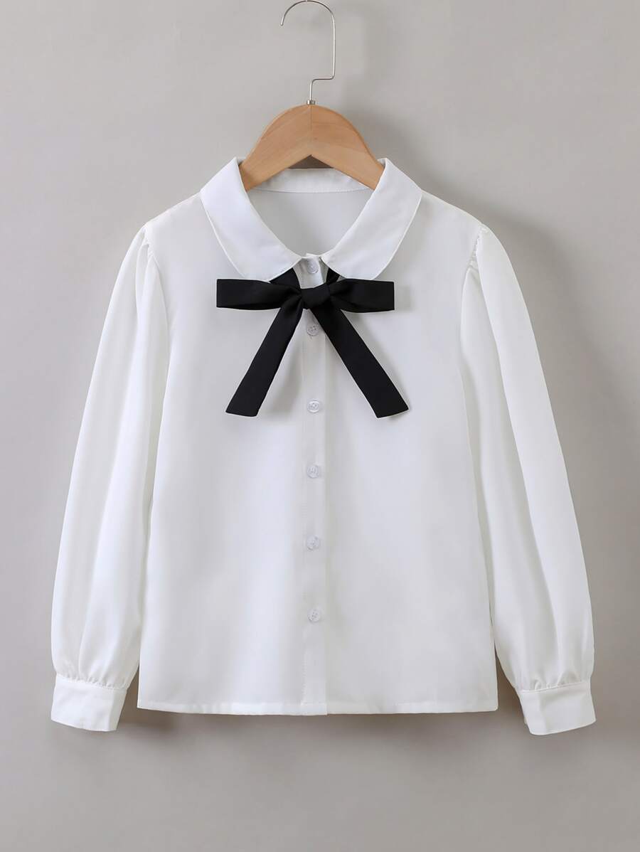Tween Girl Tie Neck Puff Sleeve Shirt - White - View 1
