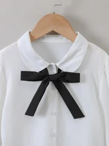 Tween Girl Tie Neck Puff Sleeve Shirt - White - View 3
