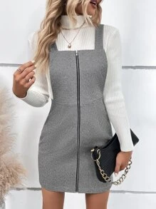 拉鏈開襟背帶洋裝無毛衣 - 灰色 - 查看 4