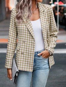 Houndstooth Print Double Breasted Tweed Blazer - Multicolor - View 5