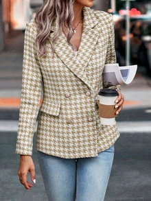 Houndstooth Print Double Breasted Tweed Blazer - Multicolor - View 6