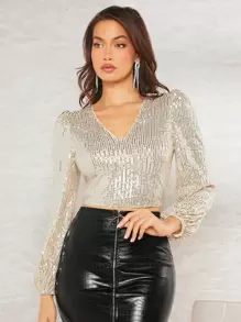 SHEIN BAE 燈籠袖亮片上衣 - 米色 - 查看 1