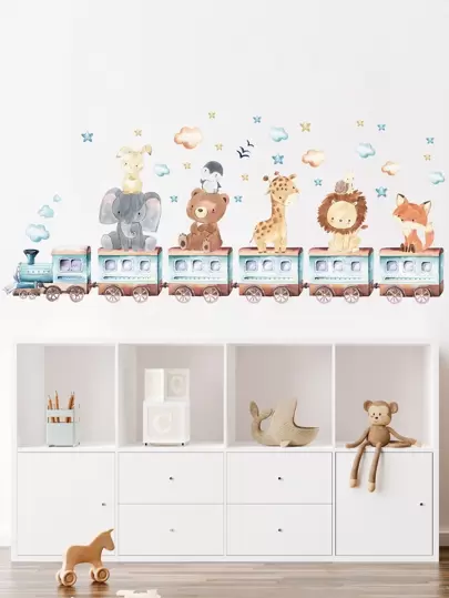 1 件卡通图案墙贴，卡通动物和火车印花墙贴，用于家居装饰，贴纸，墙贴，乙烯基贴花，用于家居装饰，春季装饰品让您的家焕然一新，Rama 装饰贴纸