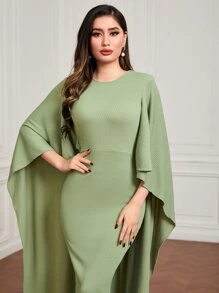 Modelyn Cloak Sleeve Split Back Dress Without Belt - Lime Green - View 6