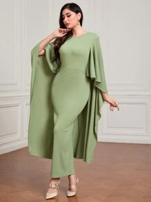 Modelyn Cloak Sleeve Split Back Dress Without Belt - Lime Green - View 1