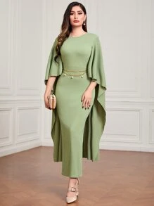 Modelyn Cloak Sleeve Split Back Dress Without Belt - Lime Green - View 2