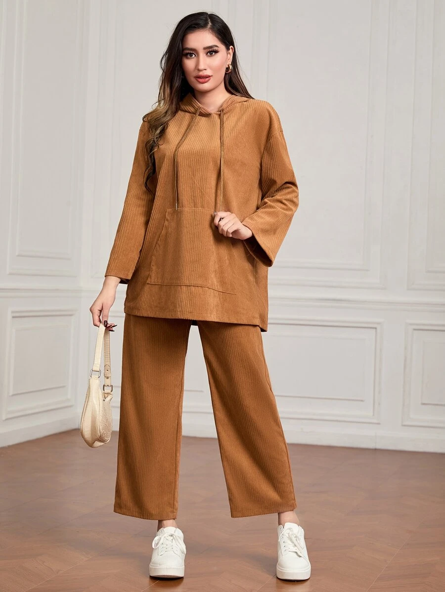 Mulvari Kangaroo Pocket Drop Shoulder Drawstring Hooded Top & Trousers - Brown - View 1