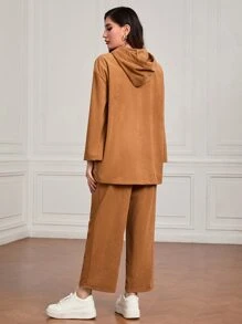 Mulvari Kangaroo Pocket Drop Shoulder Drawstring Hooded Top & Trousers - Brown - View 2