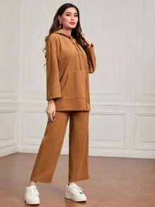 Mulvari Kangaroo Pocket Drop Shoulder Drawstring Hooded Top & Trousers - Brown - View 3