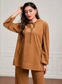 Mulvari Kangaroo Pocket Drop Shoulder Drawstring Hooded Top & Trousers - Brown - View 4