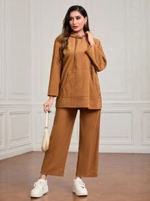 Mulvari Kangaroo Pocket Drop Shoulder Drawstring Hooded Top & Trousers - Brown - View 5