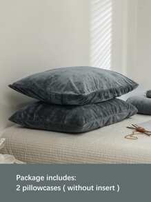 2pcs Set Deep Gray Autumn/Winter Warm Thick Crystal Velvet Flannel Pillowcase, Solid Color Japanese Minimalist Style, Super Soft & Breathable, Suitable For Daily Life, Dorm, Pillowcase (Pillow Insert Not Included), Bedding, Hotel, Home Decor, Fits Double Bed, Large Bed, Extra Large Bed - Dark Grey - View 7