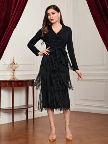 Modelyn Layered Fringe Trim Button Front Belted Dress - Black - View 5