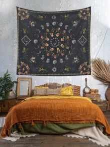 Tapiz De Pared Con Estampado De Plantas, Flores Y Fases Lunares +1 Pieza - Multicolor - Ver 1