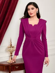 Modelyn Shoulder Pads Split Back Modest Long Sleeve Dress Without Belt - Purple - View 5