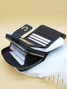 Cartera pequeña con decoración de metal , cartera pequeña con cremallera para tarjeta de crédito, cartera para mujer con cremallera - Negro - Ver 1
