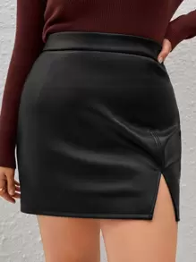 SHEIN Privé Plus Split Hem PU Leather Skirt - Black - View 1