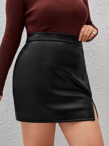 SHEIN Privé Plus Split Hem PU Leather Skirt - Black - View 3