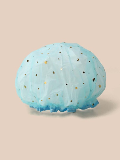 1入組PE浴帽星形圖案雙層防水浴室浴帽