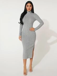 SHEIN PETITE 高領條紋針織緊身洋裝