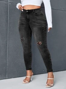 SHEIN Essnce Plus Ripped Skinny Jeans - Black - View 3