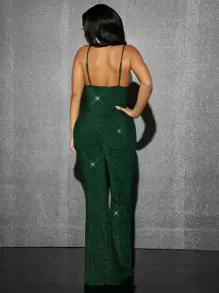 SHEIN SXY Draped Collar Backless Glitter Flare Leg Jumpsuit Cut Out Backless Catsuit - Dark Green - View 2