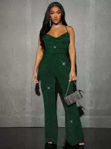 SHEIN SXY Draped Collar Backless Glitter Flare Leg Jumpsuit Cut Out Backless Catsuit - Dark Green - View 4