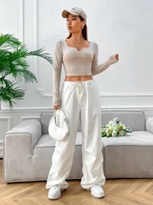 SHEIN EZwear Notched Neck Crop Tee - Apricot - View 4