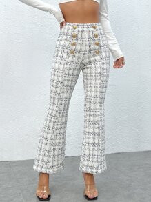 SHEIN PETITE Quần nữ Dây kéo Nút đôi Sọc ca rô Thanh lịch - trắng - Xem 1