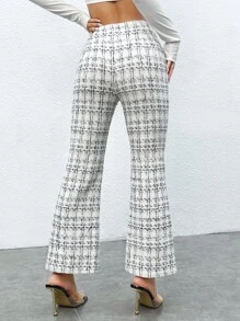 SHEIN PETITE Quần nữ Dây kéo Nút đôi Sọc ca rô Thanh lịch - trắng - Xem 2