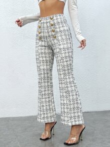 SHEIN PETITE Quần nữ Dây kéo Nút đôi Sọc ca rô Thanh lịch - trắng - Xem 3