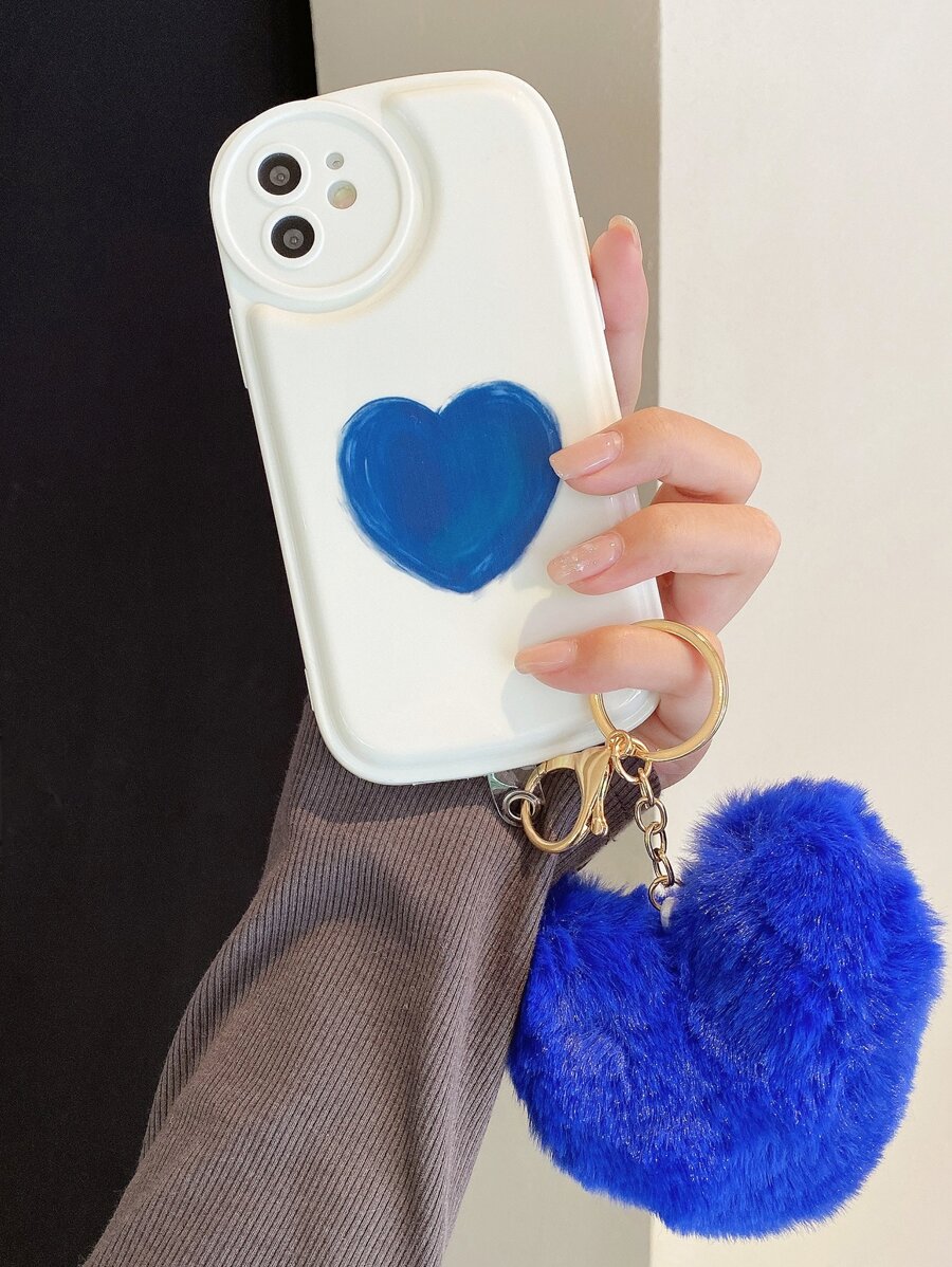 Heart Pattern Phone Case With Fluffy Ball Pendant - Blue - View 1