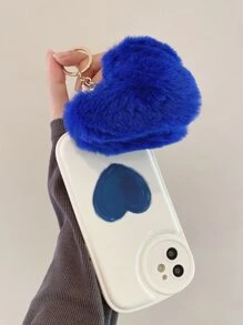 Heart Pattern Phone Case With Fluffy Ball Pendant - Blue - View 2