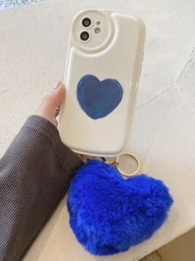 Heart Pattern Phone Case With Fluffy Ball Pendant - Blue - View 4