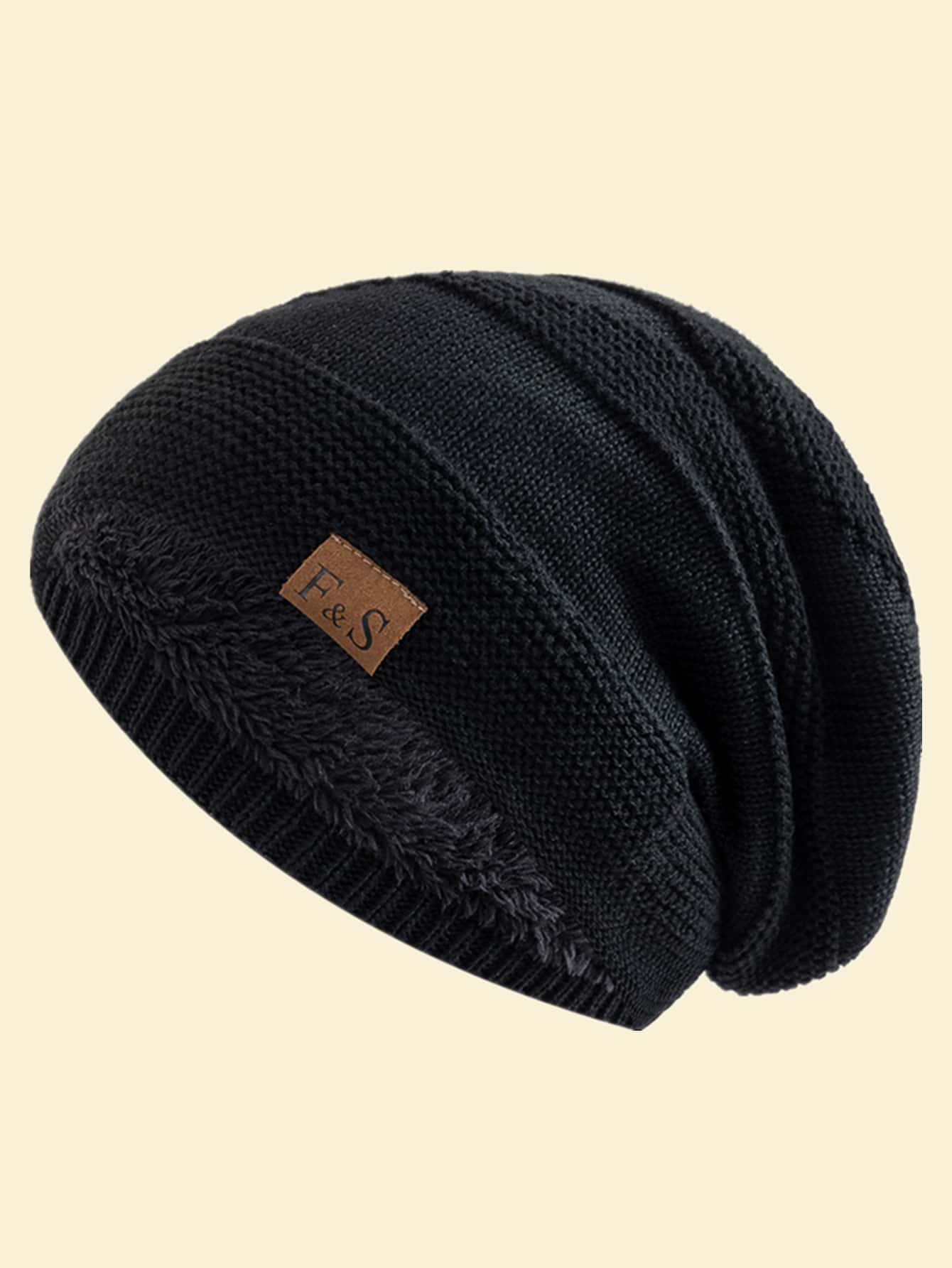 JZML Men Letter Label Decor Plush Lined Slouchy Beanie Casual Fall Outfit,Summer,Beach,Holiday,Festival,Travel - Black - View 1