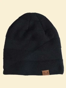 JZML Men Letter Label Decor Plush Lined Slouchy Beanie Casual Fall Outfit,Summer,Beach,Holiday,Festival,Travel - Black - View 2