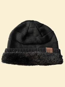 JZML Men Letter Label Decor Plush Lined Slouchy Beanie Casual Fall Outfit,Summer,Beach,Holiday,Festival,Travel - Black - View 3